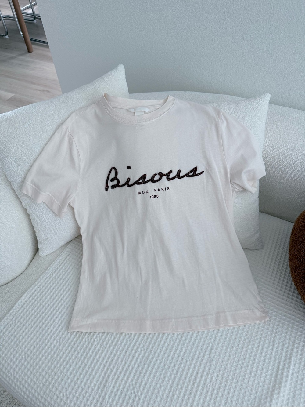 H&M Bisous Beaded Embellished Graphic T-Shirt Cream Ivory Women’s Size S